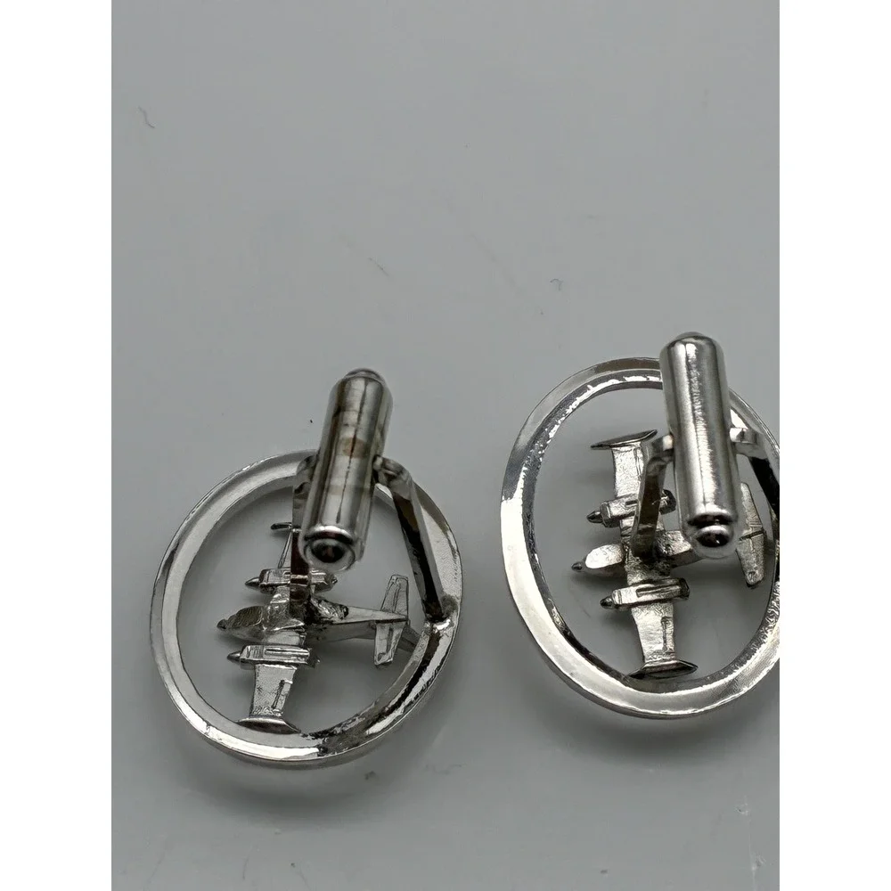Vintage Silver Tone Cufflink Lot Airplane Pilot Oval & Square Etched 2 Pairs